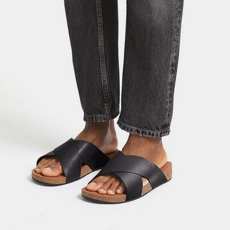 Black Men's FitFlop Iqushion Leather Cross Slides | 214TBOFJP