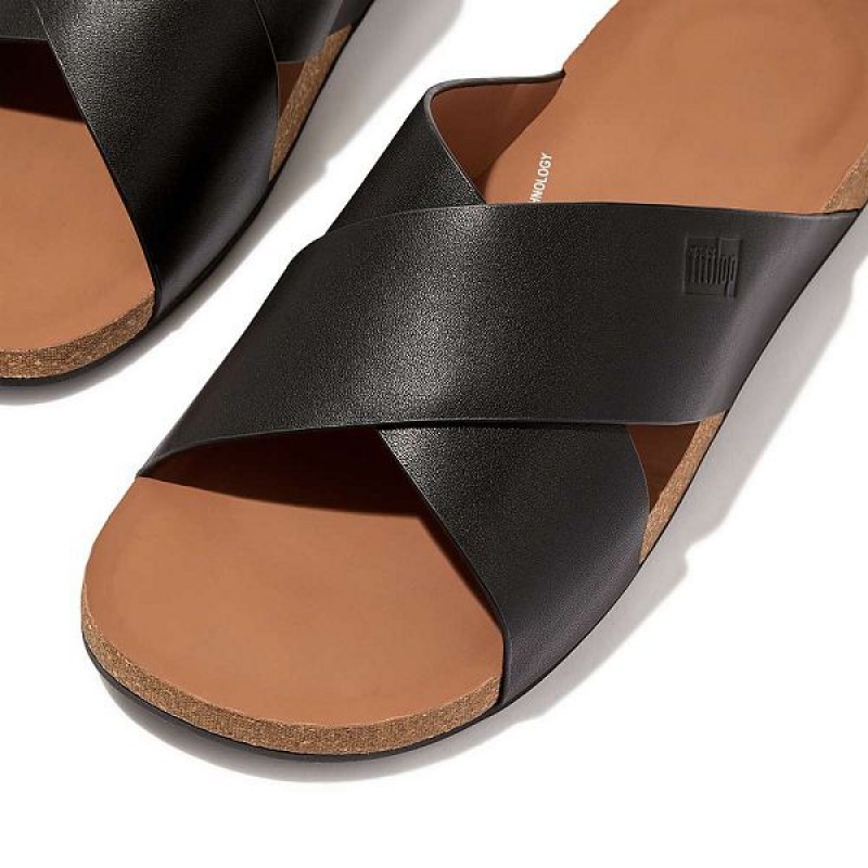 Black Men's FitFlop Iqushion Leather Cross Slides | 214TBOFJP