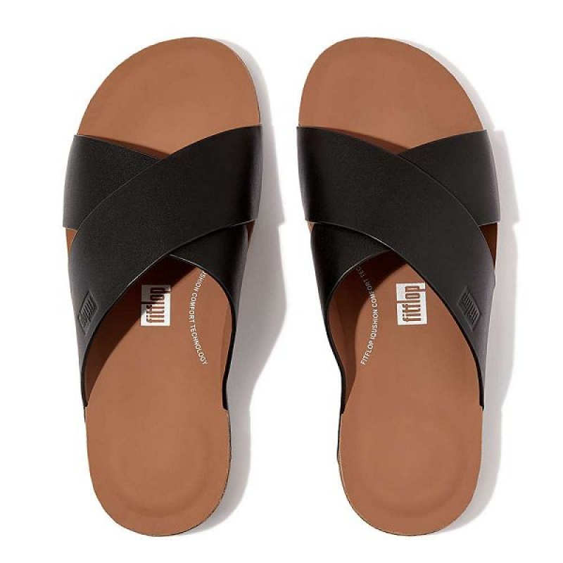 Black Men's FitFlop Iqushion Leather Cross Slides | 214TBOFJP