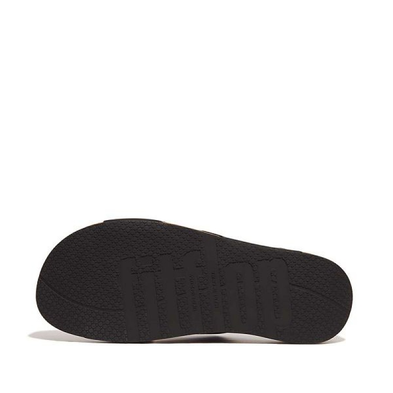 Black Men's FitFlop Iqushion Leather Cross Slides | 214TBOFJP