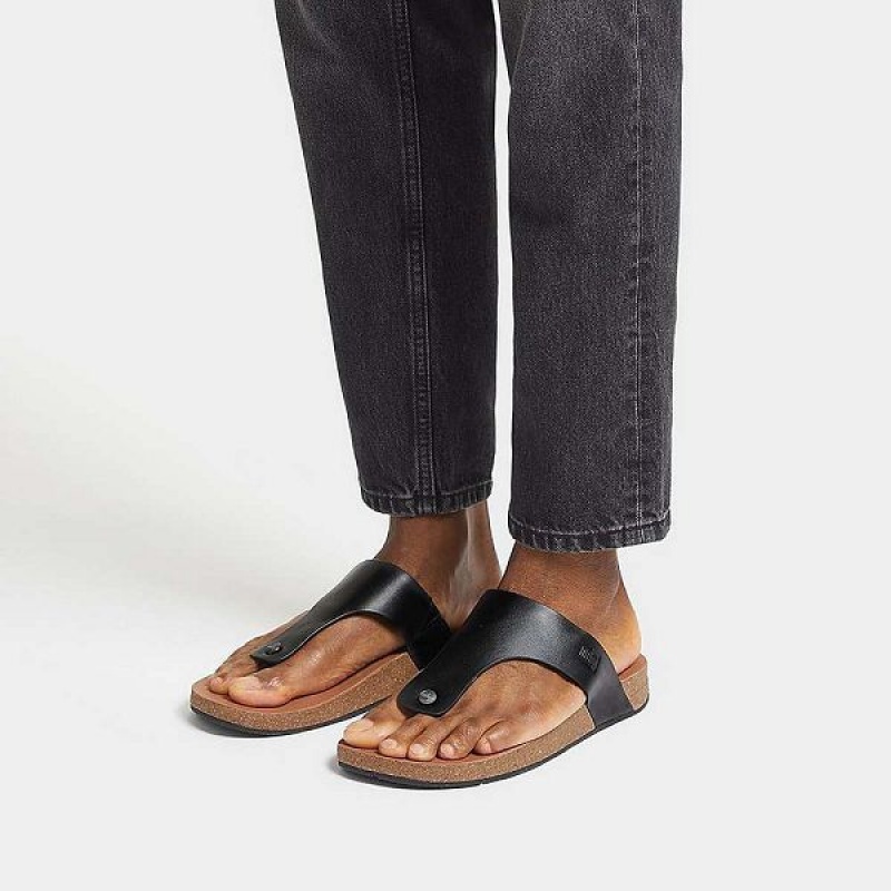 Black Men's FitFlop Iqushion Leather Toe-Post Sandals | 915BGPOVA