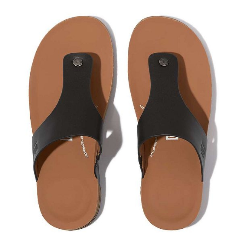 Black Men's FitFlop Iqushion Leather Toe-Post Sandals | 915BGPOVA