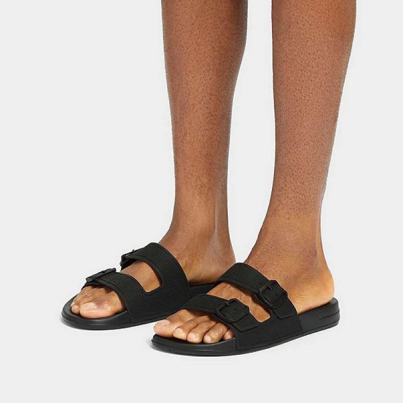 Black Men's FitFlop Iqushion Two Bar Buckle Slides | 693VXWEOJ