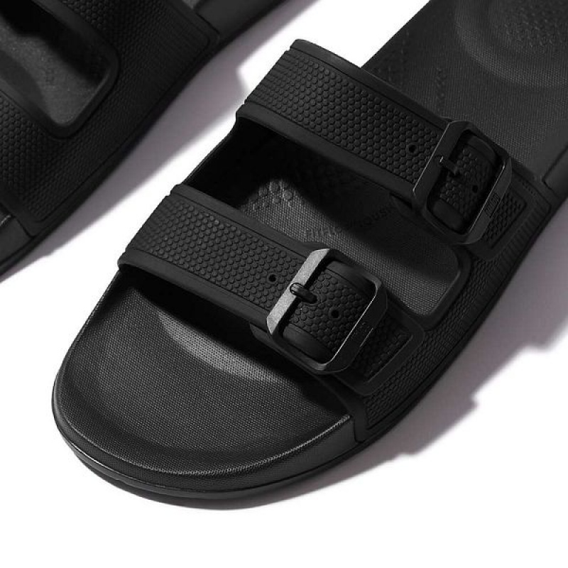 Black Men's FitFlop Iqushion Two Bar Buckle Slides | 693VXWEOJ