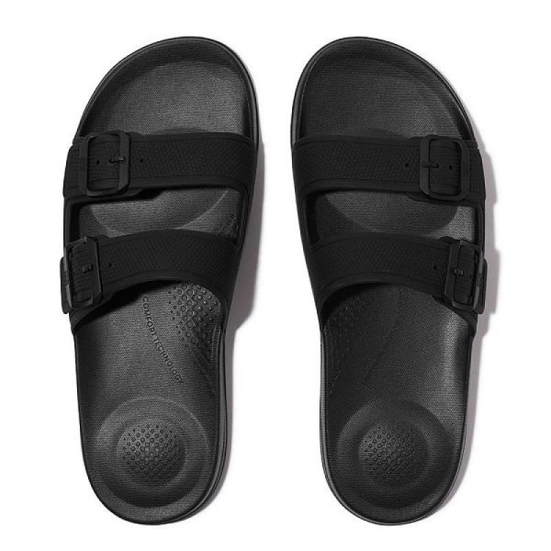 Black Men's FitFlop Iqushion Two Bar Buckle Slides | 693VXWEOJ