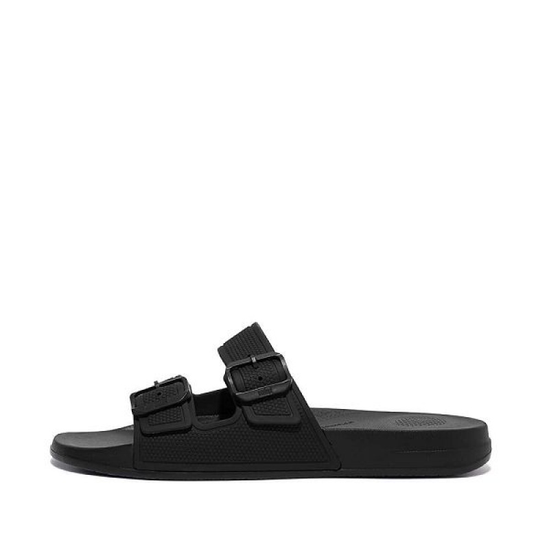 Black Men\'s FitFlop Iqushion Two Bar Buckle Slides | 693VXWEOJ