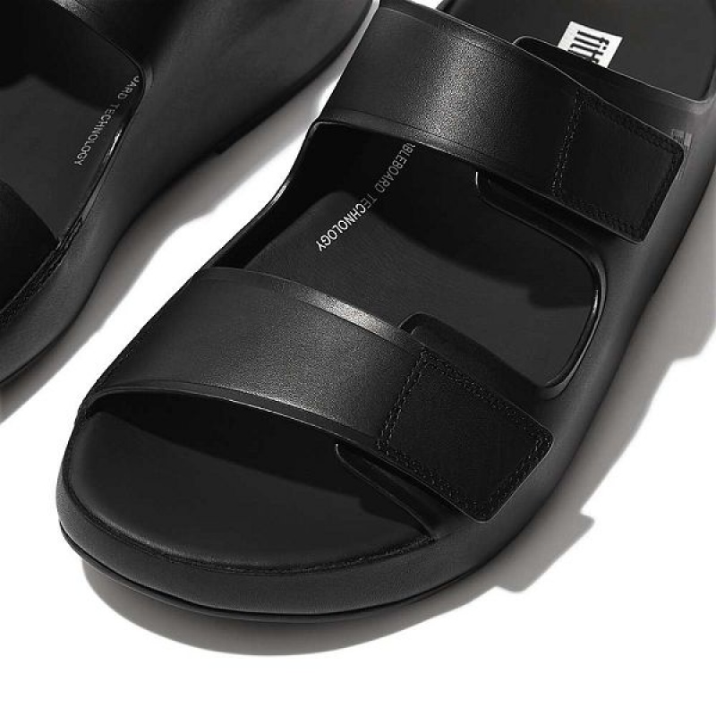 Black Men's FitFlop Samel Adjustable Leather Slides | 943EZUQBA