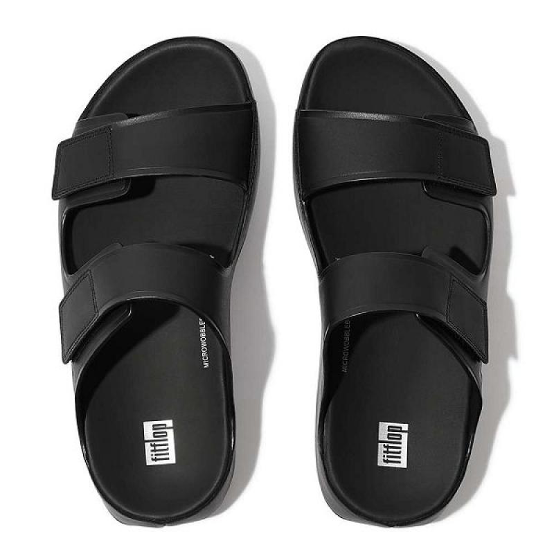 Black Men's FitFlop Samel Adjustable Leather Slides | 943EZUQBA