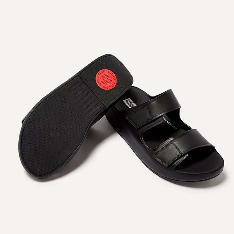 Black Men's FitFlop Samel Adjustable Leather Slides | 943EZUQBA