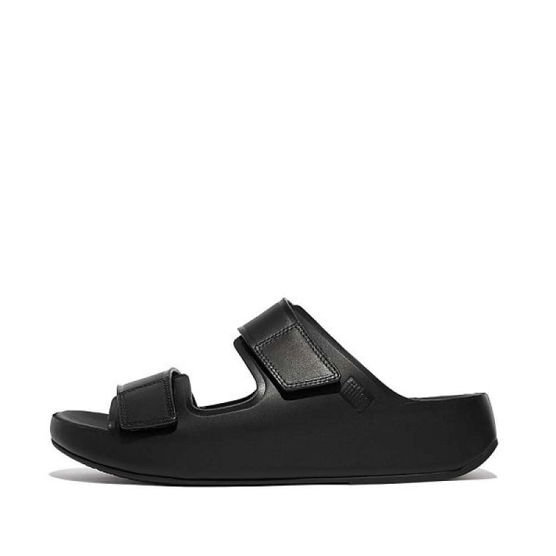 Black Men\'s FitFlop Samel Adjustable Leather Slides | 943EZUQBA