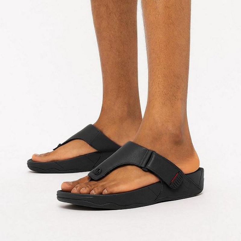 Black Men's FitFlop Trakk Ii Leather Toe-Post Sandals | 401VBRHJS