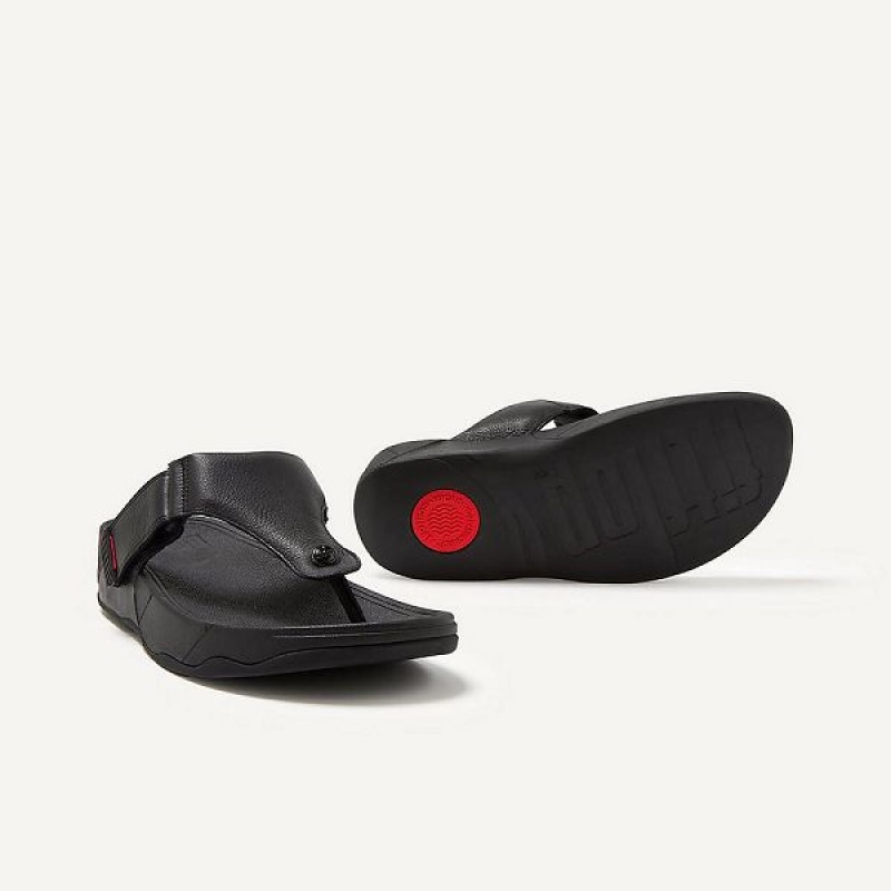 Black Men's FitFlop Trakk Ii Leather Toe-Post Sandals | 401VBRHJS