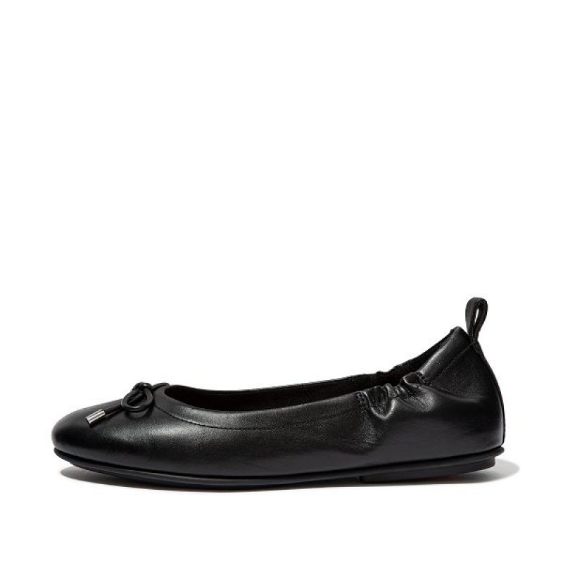 Black Women\'s FitFlop Allegro Bow Leather Ballet Flats | 582UCTSJZ