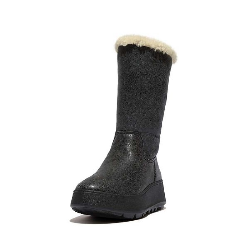 Black Women's FitFlop F-Mode Double Faced Shearling Leather Flatform Calf Boots | 738QWPZDJ