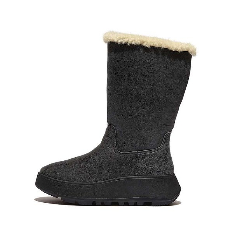 Black Women\'s FitFlop F-Mode Double Faced Shearling Leather Flatform Calf Boots | 738QWPZDJ