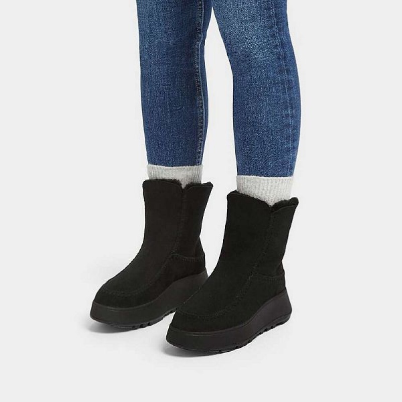 Black Women's FitFlop F-Mode Double Faced Shearling Flatform Boots | 274APVIGX