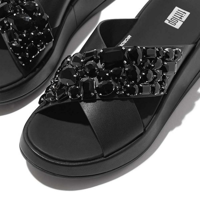 Black Women's FitFlop F-Mode Jewel Deluxe Leather Flatform Cross Slides | 246XIMRNV