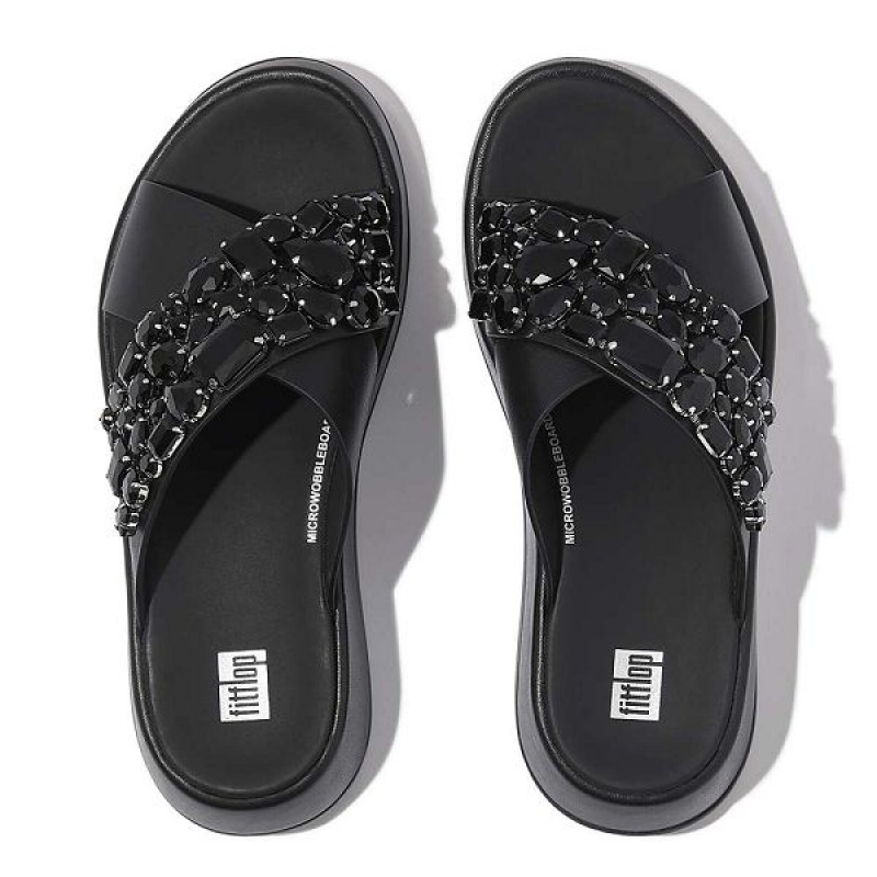 Black Women's FitFlop F-Mode Jewel Deluxe Leather Flatform Cross Slides | 246XIMRNV