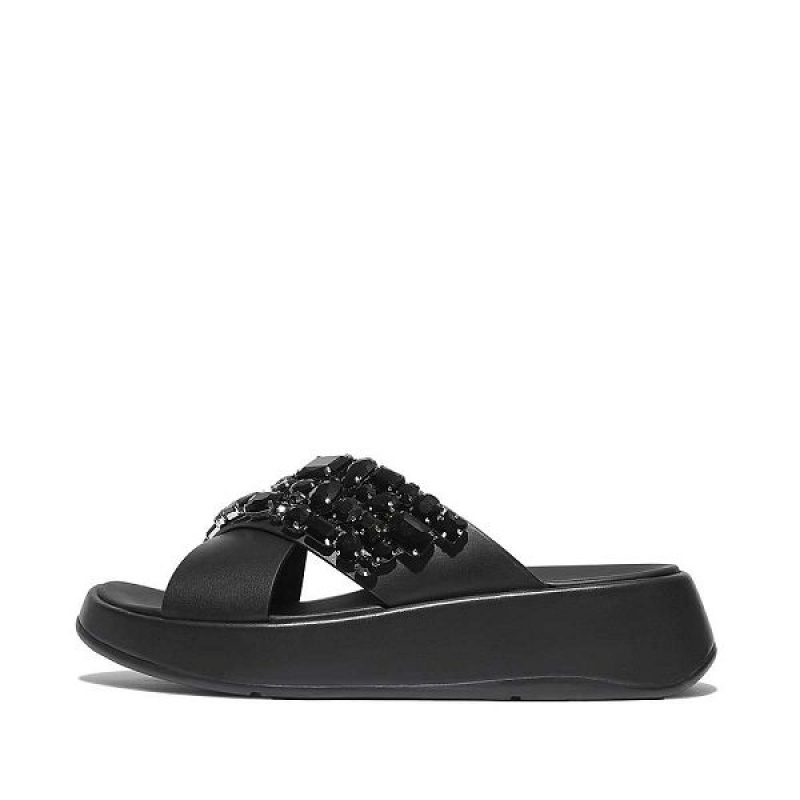 Black Women\'s FitFlop F-Mode Jewel Deluxe Leather Flatform Cross Slides | 246XIMRNV