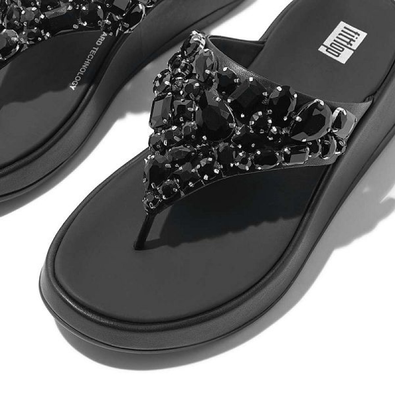 Black Women's FitFlop F-Mode Jewel Deluxe Leather Flatform Toe-Post Sandals | 476SKHCZI