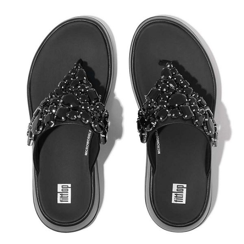 Black Women's FitFlop F-Mode Jewel Deluxe Leather Flatform Toe-Post Sandals | 476SKHCZI