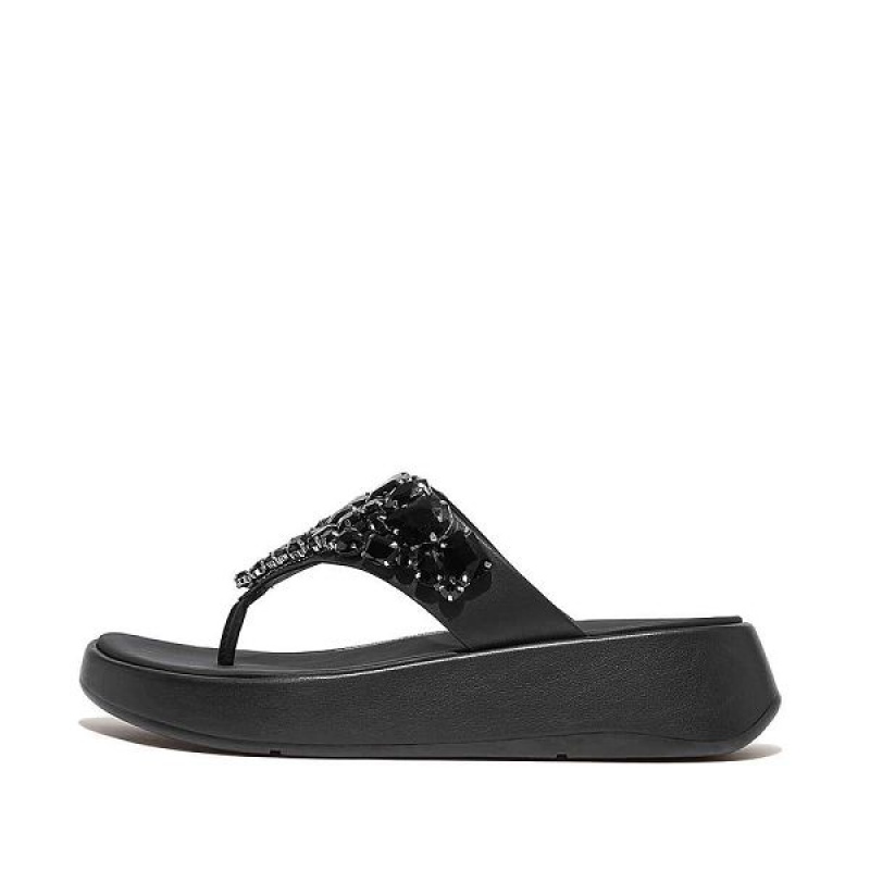 Black Women\'s FitFlop F-Mode Jewel Deluxe Leather Flatform Toe-Post Sandals | 476SKHCZI