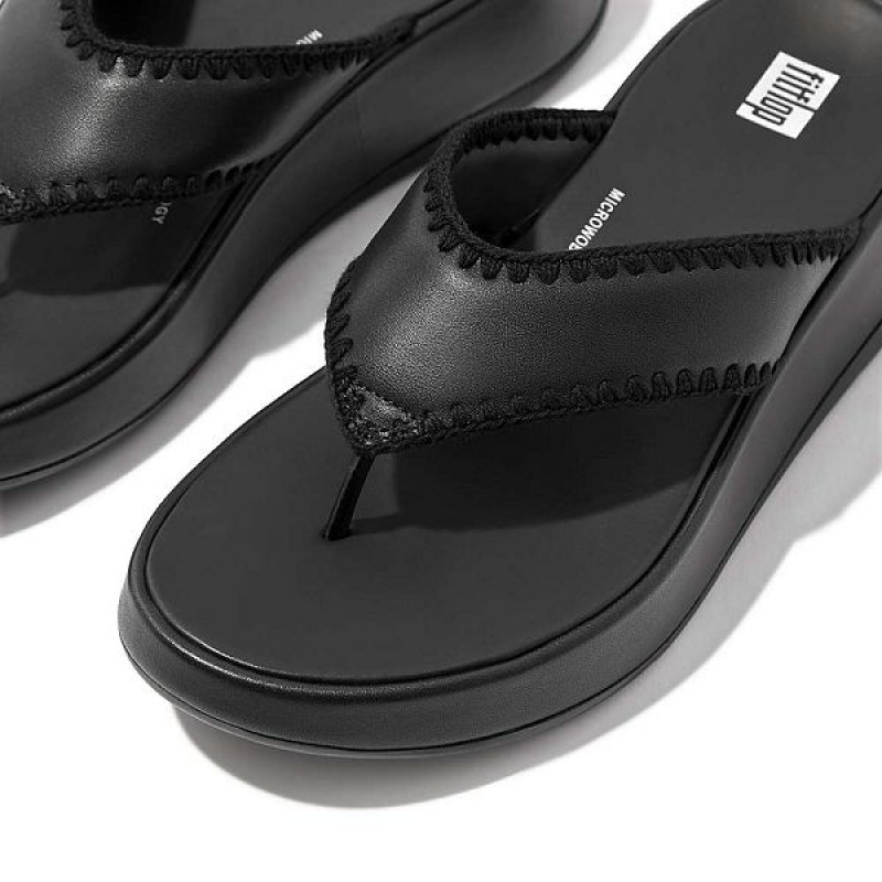 Black Women's FitFlop F-Mode Leather Flatform Toe-Post Sandals | 467PVGQRW