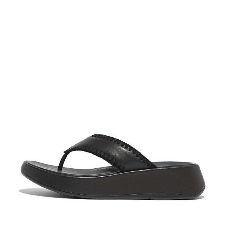 Black Women\'s FitFlop F-Mode Leather Flatform Toe-Post Sandals | 467PVGQRW