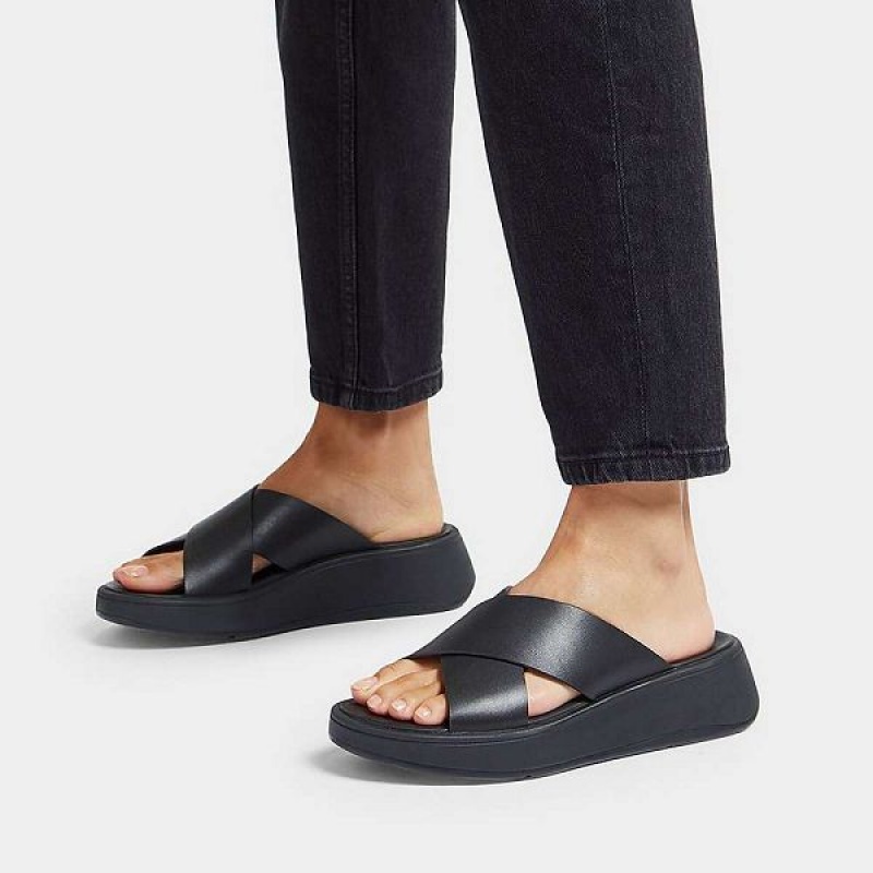 Black Women's FitFlop F-Mode Leather Flatform Cross Slides | 816QXFPJE