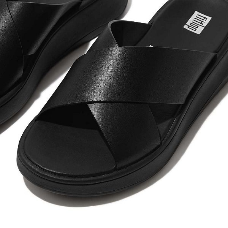 Black Women's FitFlop F-Mode Leather Flatform Cross Slides | 816QXFPJE