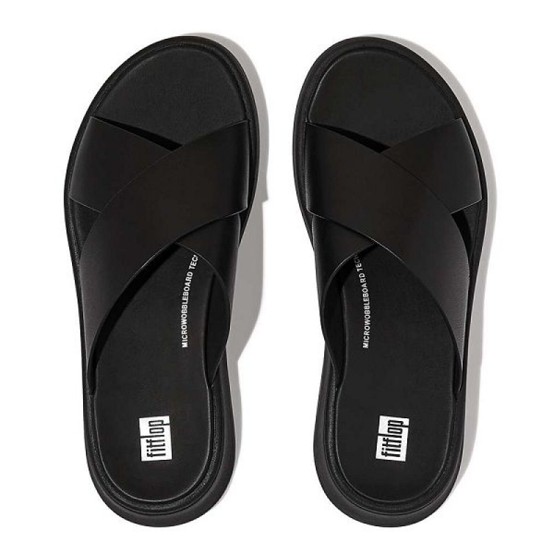 Black Women's FitFlop F-Mode Leather Flatform Cross Slides | 816QXFPJE