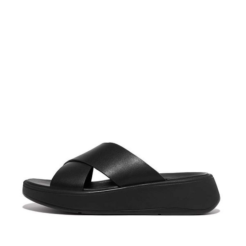 Black Women\'s FitFlop F-Mode Leather Flatform Cross Slides | 816QXFPJE