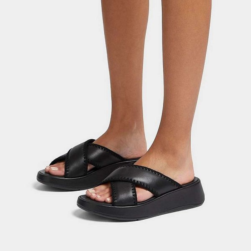 Black Women's FitFlop F-Mode Leather Flatform Cross Slides | 028DZAWQJ