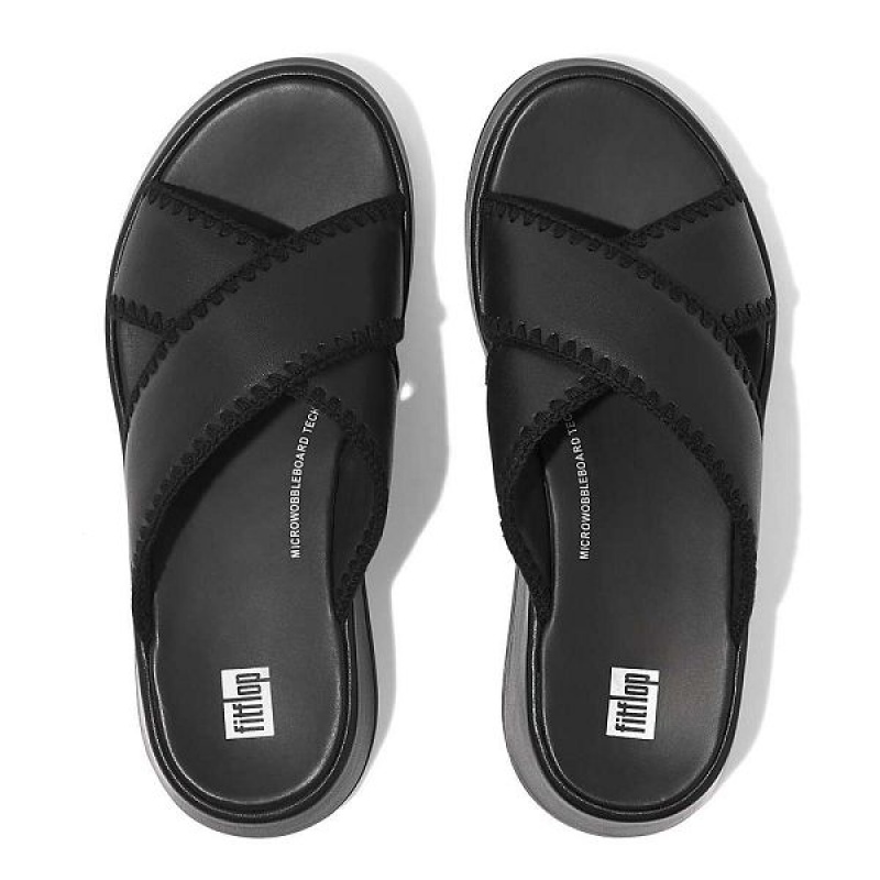 Black Women's FitFlop F-Mode Leather Flatform Cross Slides | 028DZAWQJ