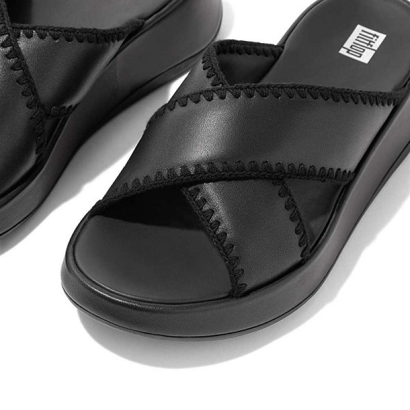 Black Women's FitFlop F-Mode Leather Flatform Cross Slides | 028DZAWQJ