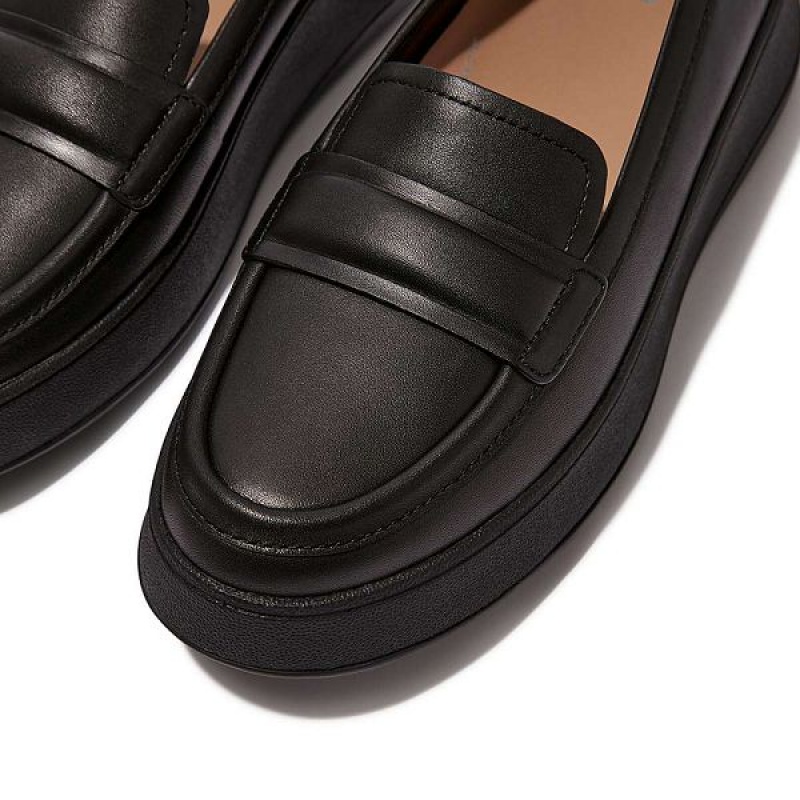 Black Women's FitFlop F-Mode Padded Detail Leather Flatform Loafers Loafers | 807HSWAEQ