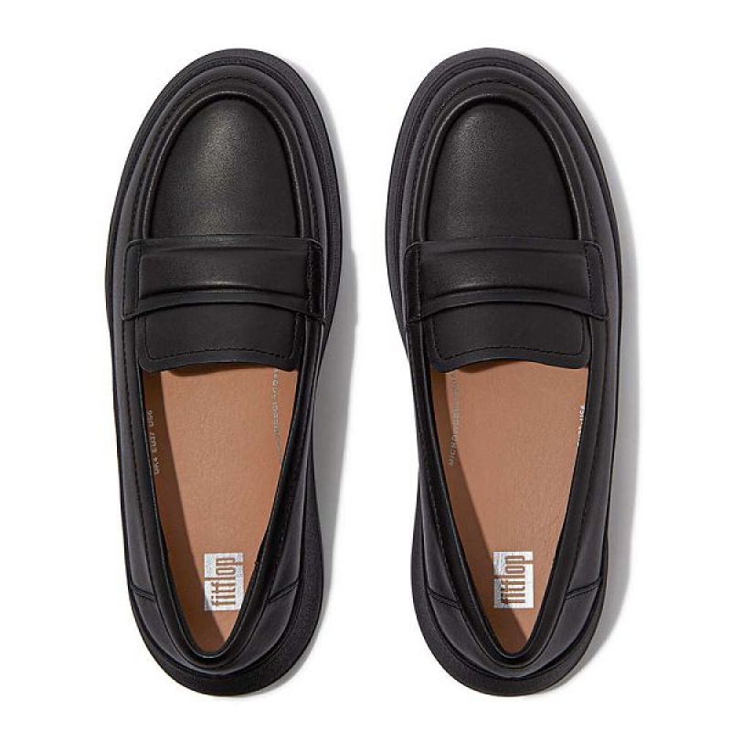 Black Women's FitFlop F-Mode Padded Detail Leather Flatform Loafers Loafers | 807HSWAEQ