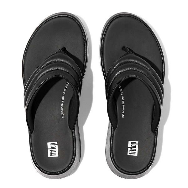 Black Women's FitFlop F-Mode Padded Leather Flatform Toe-Post Sandals | 894FTKPEV