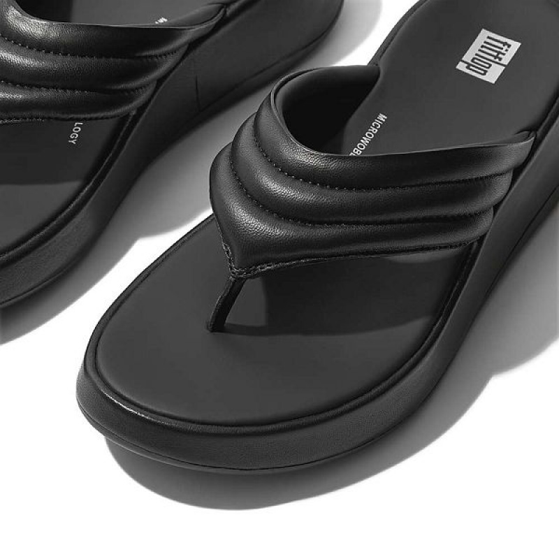 Black Women's FitFlop F-Mode Padded Leather Flatform Toe-Post Sandals | 894FTKPEV