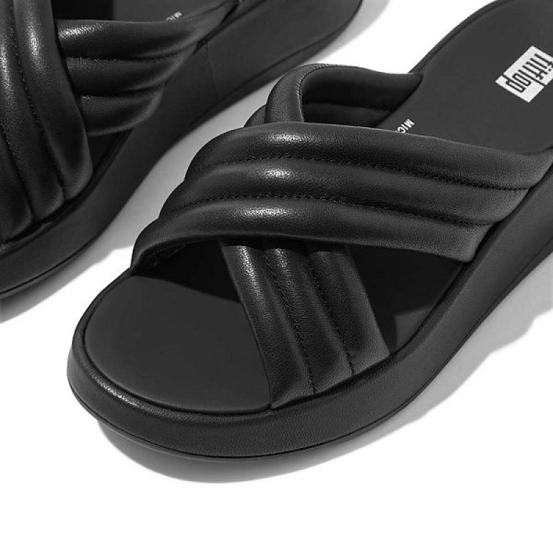 Black Women's FitFlop F-Mode Padded Leather Flatform Cross Slides | 067HULXMR