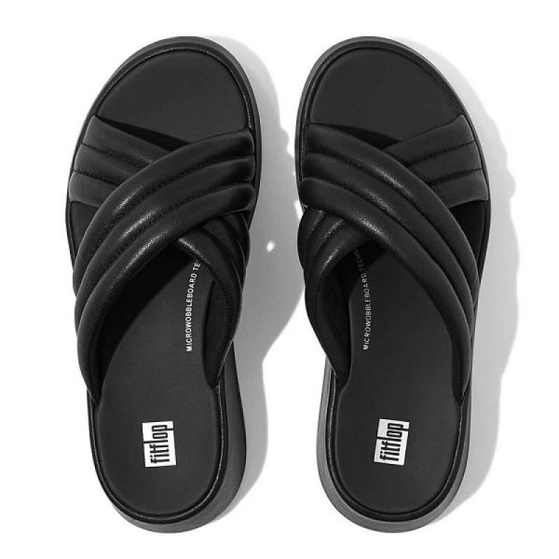 Black Women's FitFlop F-Mode Padded Leather Flatform Cross Slides | 067HULXMR