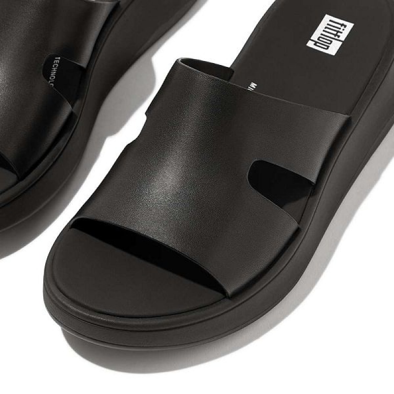 Black Women's FitFlop F-Mode Raw Edge Leather Flatform H Bar Slides | 782AZRQXD