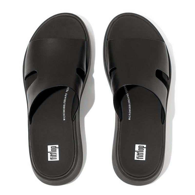 Black Women's FitFlop F-Mode Raw Edge Leather Flatform H Bar Slides | 782AZRQXD