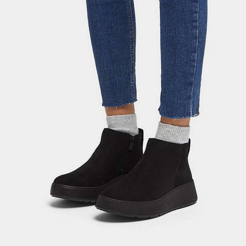 Black Women's FitFlop F-Mode Suede Flatform Zip Ankle Boots | 503YZMWIJ