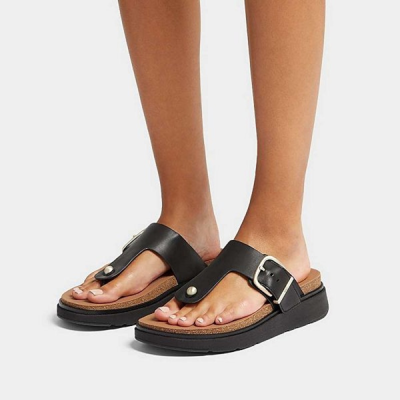 Black Women's FitFlop Gen-Ff Buckle Leather Toe-Post Sandals | 215WTOVDX