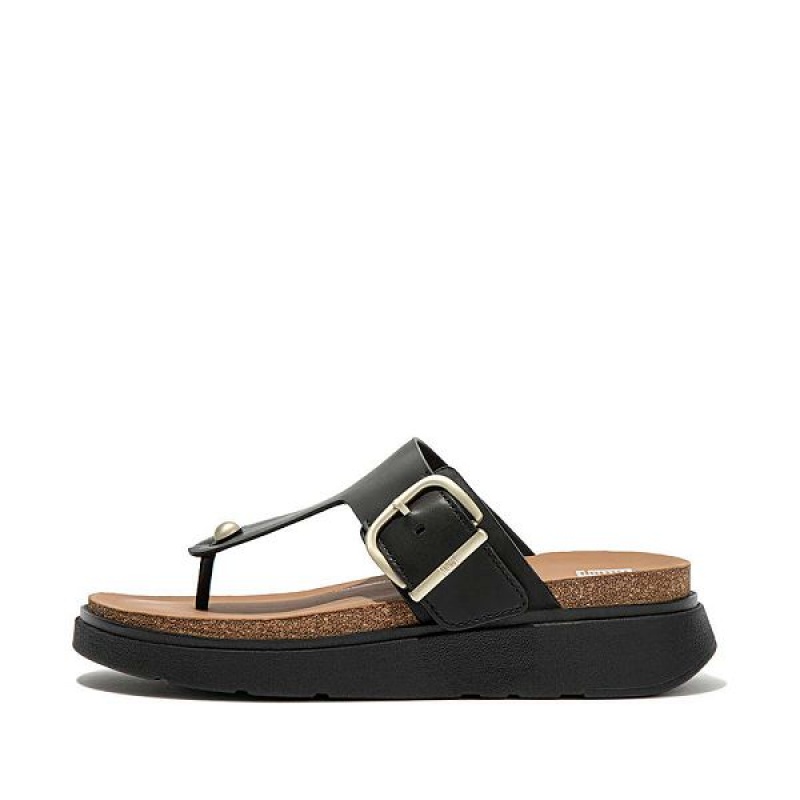 Black Women\'s FitFlop Gen-Ff Buckle Leather Toe-Post Sandals | 215WTOVDX