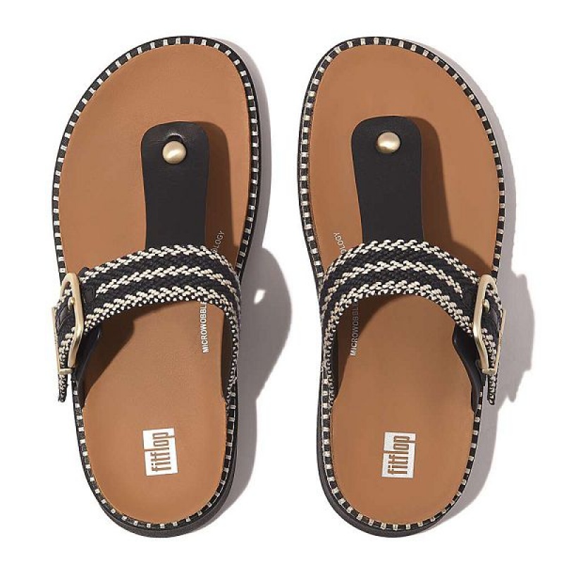 Black Women's FitFlop Gen-Ff Buckle Stripe Weave Toe-Post Sandals | 352QGZIYH