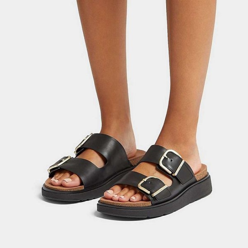 Black Women's FitFlop Gen-Ff Buckle Two Bar Leather Slides | 817TEQINU