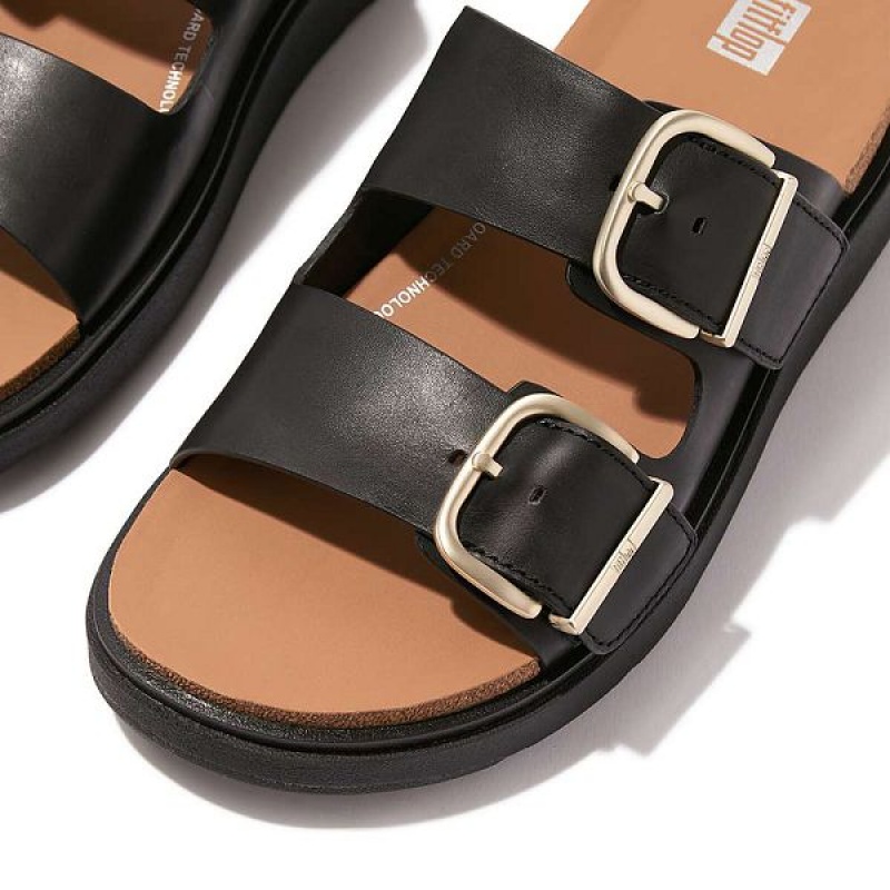 Black Women's FitFlop Gen-Ff Buckle Two Bar Leather Slides | 817TEQINU