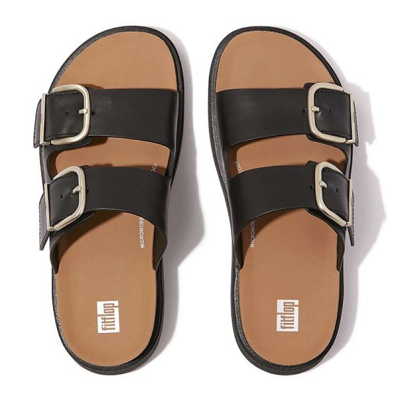 Black Women's FitFlop Gen-Ff Buckle Two Bar Leather Slides | 817TEQINU